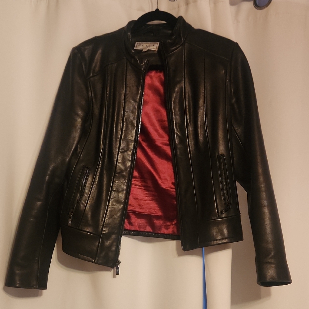 Elegant Black Leather Jacket with Red Lining